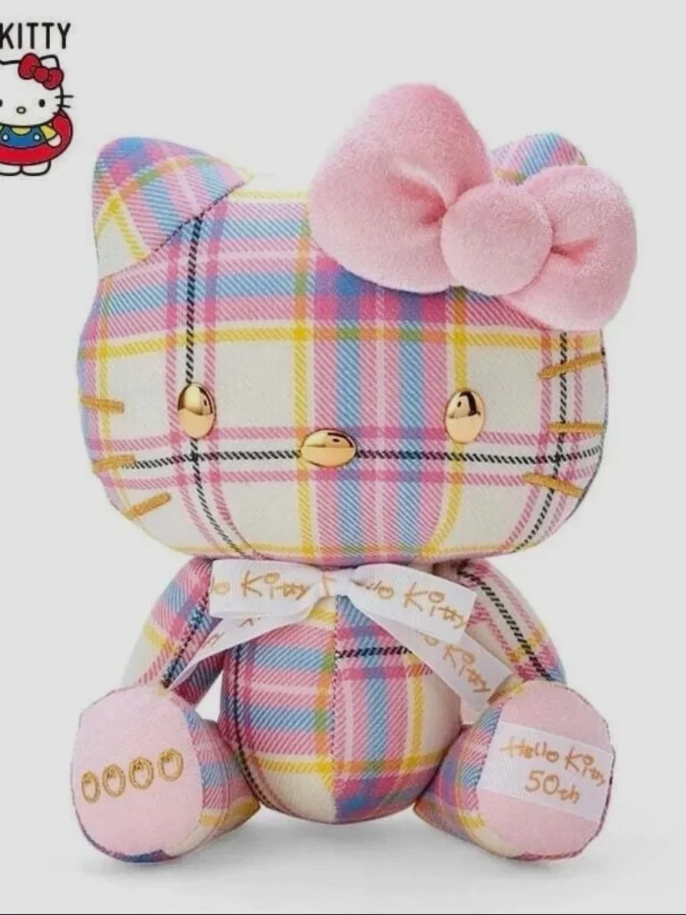 Hello Kitty Plush 50th Anniversary Scottish made- Pink Plaid - Gold Accents LE